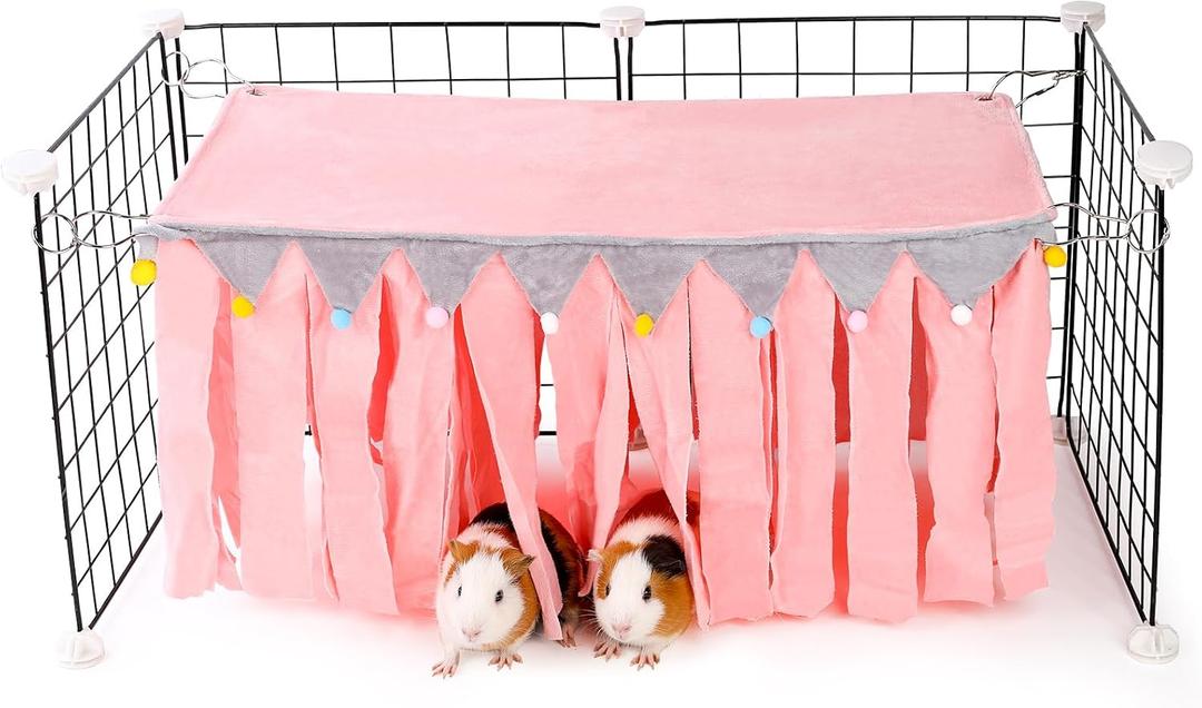 Guinea Pig Hideout - Guinea Pig Corner Hideout, Four-Sided Fringes, Rectangular Top and Washable Hides, Suitable Hides for Guinea Pigs and Rabbit, No Metal Fences, Pink (23"L x 11.7"W x 11.2"TH)