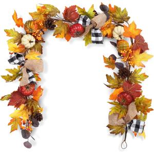 Adeeing 6 Ft Thanksgiving Fall Garland Decor, Artificial Autumn Garlands with Pumpkins, Maple Leaves, Ribbon and Pine Cone for Indoor Outdoor Fireplace Window Home Decoration (Red Yellow)