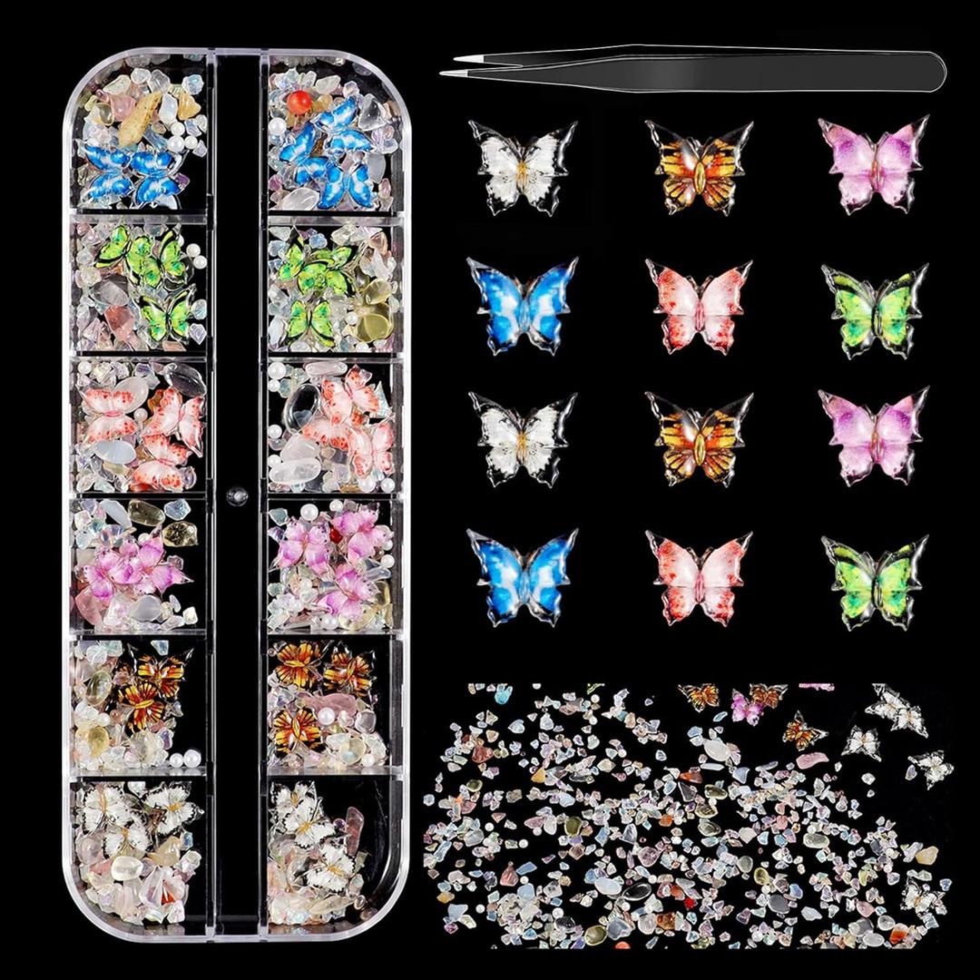 12 Grids Resin Butterfly Nail Charms Gems Kit 3D Mix Assorted Color Butterflies Shape Small Diamonds Shiny AB Color Butterfly Nail Designs with Tweezers for Nail Art Decoration DIY Accessories (927)