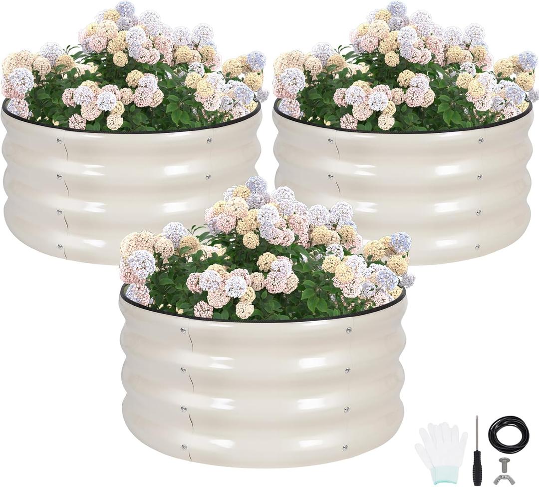 G GOOD GAIN Round Raised Garden Bed - 3Pcs 2x2x1ft Galvanized Steel Planter Boxes Outdoor with Rubber Edge Trim | Metal Raised Beds for Gardening Vegetables Flowers Fruits Herbs (White)