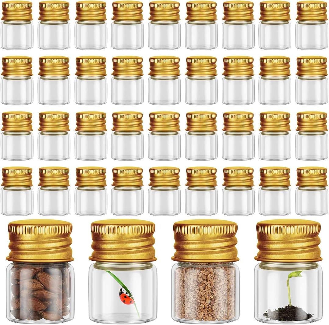 Tessco for you 100 Pcs 5 ml Mini Glass Bottles with Aluminum Cap Tiny Jars Mini Glass Jars Small Clear Vials with Screw Caps Tiny Containers for DIY Craft Storage (Gold)