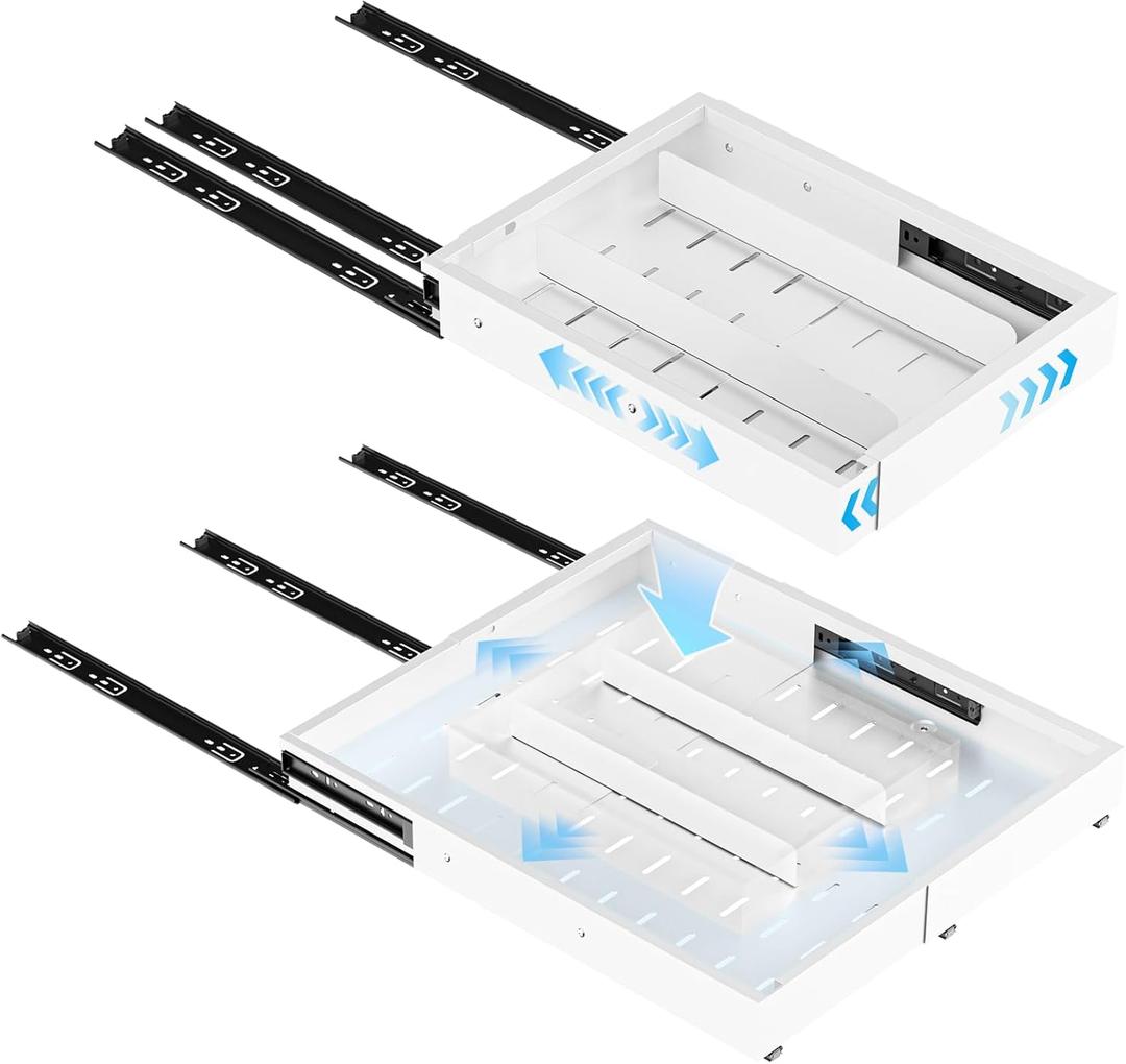 Insputer Pull Out Cabinet Organizer Expandable (12.4"-20.08")W & (16.26"-22.44")D, No Drill Slide Out Drawers with 3 Slide Rails, 2Pcs Magnetic Panel, Adhesive Roll Out Shelf for Kitchen, Pantry White