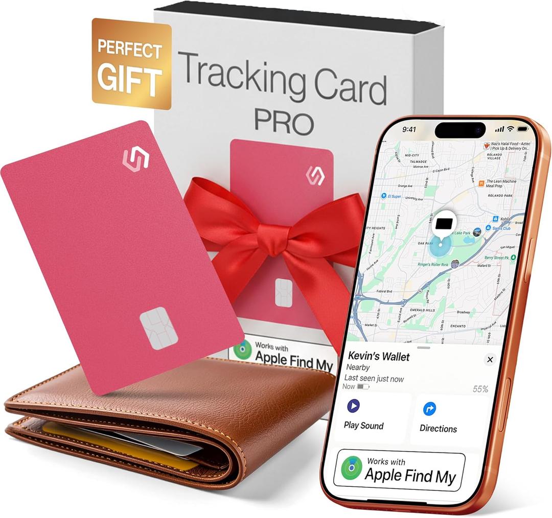 SPOTMINDERS Valentines Day Gifts for Her Apple MFi Certified Credit Card Wallet Tracker PRO Pink (iOS Only) 0.07in Works with Apple Find My Rechargeable Tracking Card for Women IP68 Slim Item Finder