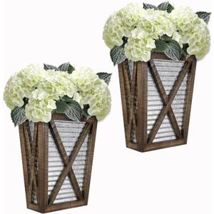 Autumn Alley Large Rustic Farmhouse Wall Planter Set of 2, Farmhouse Decor Wall Hangings for Hanging Planter Indoor, Galvanized Wall Planter, Corrugated Metal, Wooden, Brown - Flowers Not Included