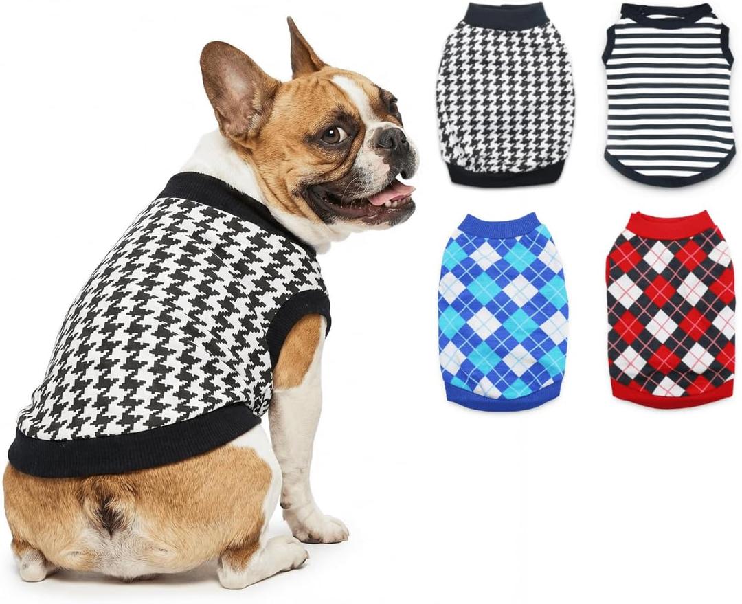 4 Pack Cat Shirts Small Dog Boy T Shirt Striped Dogs Clothes Plaid Dog Sweaters for Boys Houndstooth Printed Dog Tshirts Puppy T-Shirt for Small Dogs (Large (8.8-13.2lb))