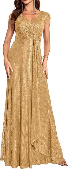 meilun Short Sleeve Sequin Dress for Women Formal Evening Gowns Sparkly V Neck 1920s Long Dress Size L