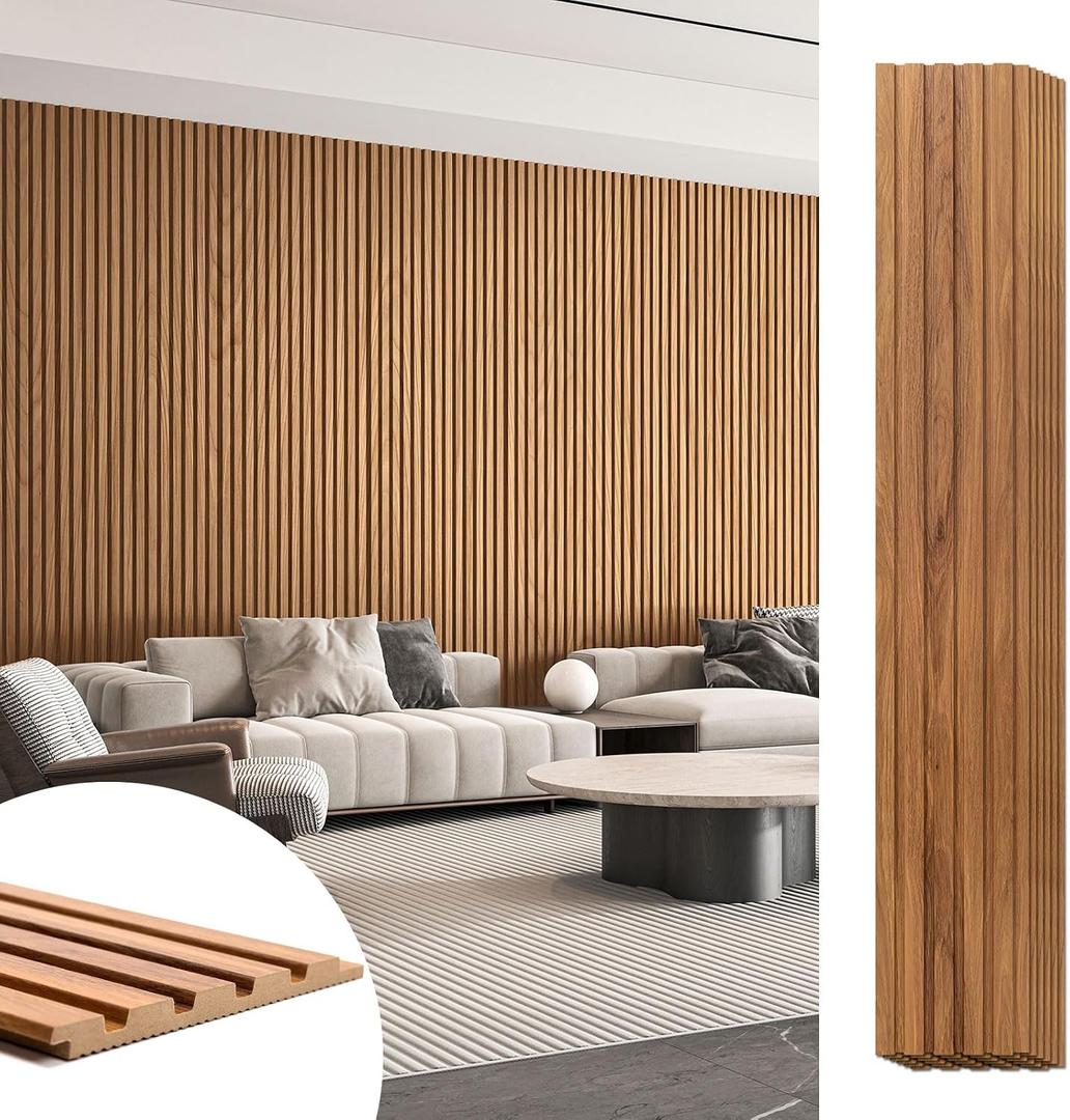 Art3d 6-Piece Wood Slat Panels for Stylish Interior Decor and Ceiling Decoration,MDF 3D Textured Panel for Ceiling and Wall,Size 94.6 x 7.4 in-Teak