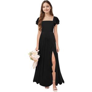 Eightale Junior Bridesmaid Dress Black Chiffon Flower Girl Long Formal Dresses Ruffle Sleeve Maxi Teen Wedding Party Gown with Slit Size 18 (Black)