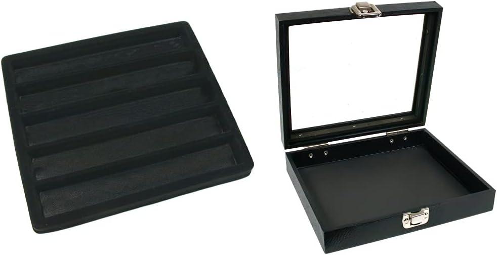 Black Sqaure Glass-top Case (Single Metal Latch) w/ 1 Tray Insert (Black 5-Slot Plastic Tray)