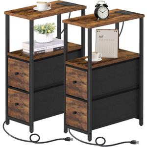 TUTOTAK Small Narrow End Table with Charging Station, Set of 2, Side Table with Outlets, Nightstand with 2 Cloth Drawers, Couch Table, for Living Room, Bedroom, Bedside, Brown TB01BB055
