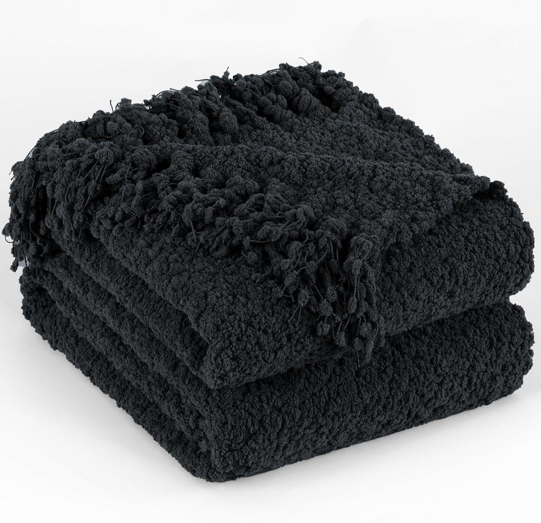 Throw Blanket for Couch, Black Luxury Knitted Throws 50"x60", Textured Blankets with Handmade Fringe Tassels for Bed Sofa Decorative, Chunky Soft Farmhouse Boho Home Decor