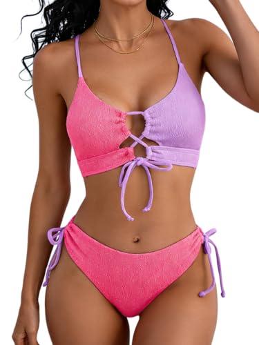 B2prity Tie Bikini Top Set Sexy Push Up 2 Piece Swimsuit Color Block Bathing Suit Full Coverage Swimwear for Curvy Women Large