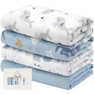Yoofoss Muslin Swaddle Blankets, Organic Baby Blankets, 47 x 47 Inches Receiving Blanket for Baby Boys and Girls, Baby Essentials for Newborns Soft Breathable (Blue Ocean)