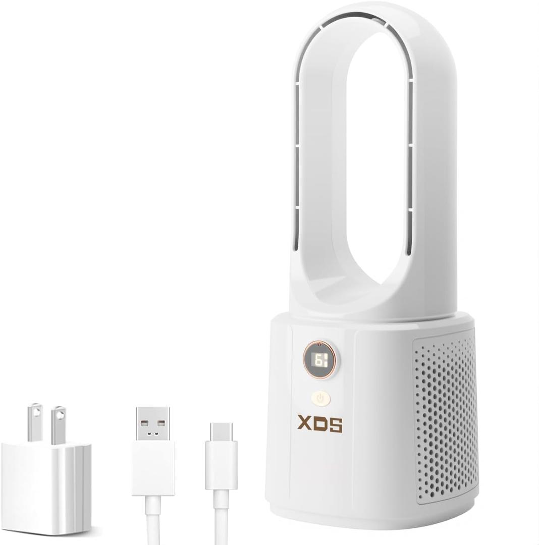 XDS Desk Bladeless Fan, 12.8 Inch Small Personal Cooling Fan with 6 Speed Adjustment, Button Control, Easy to Clean, Quiet Table Fan, Ideal for Office, Living Room, Bedroom (White)
