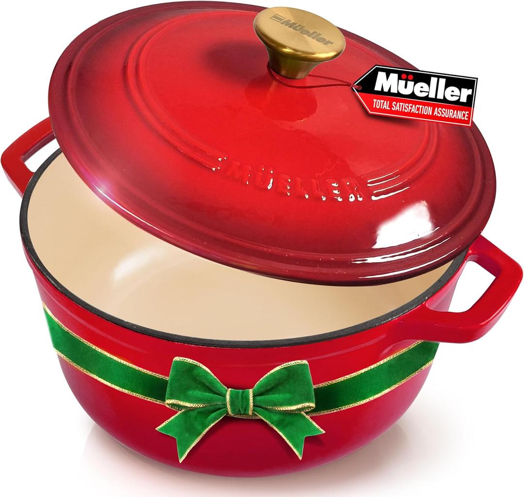 MUELLER HOME 7.5 QT Enameled Cast Iron Dutch Oven, Heavy-Duty Casserole Dish and Braiser Pan with Lid and Stainless Knob, Oven-Safe up to 500 F & Across All Cooktops, Red