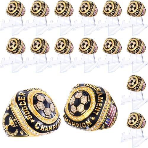 Misdary Soccer Baseball Basketball Championship Rings with Holder Most Valuable Player Trophy Gold Ring Award Gift Team Prize for Football Tournament Winner (16 Pcs)