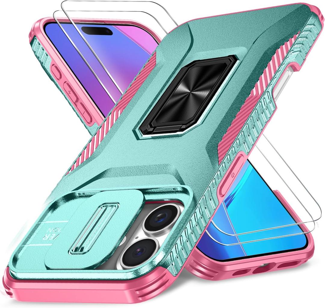 Case for iPhone 16 Plus with Slide Camera Cover+Screen Protector(2 Packs), Military Grade Shockproof Protective Cover, Rotated Ring Kickstand(A - Celadon+Pink)