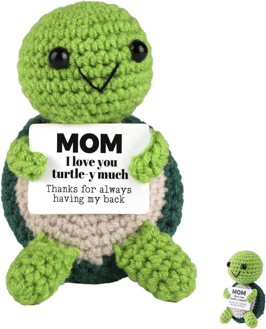 2 x TOYMIS Crochet, I love MOM Turtle-y Much Emotional Motivational Doll Inspirational Knitted Crocheted Animal with Keychain Hook for Uplifting Gift Home Office Decor
