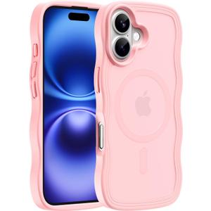 3 x Hualele Magnetic for iPhone 16 Case, Compatible with MagSafe, Military Grade Dropproof Translucent Matte Back Cute Curly Wave Edge Slim Phone Case for iPhone 16, Light Pink