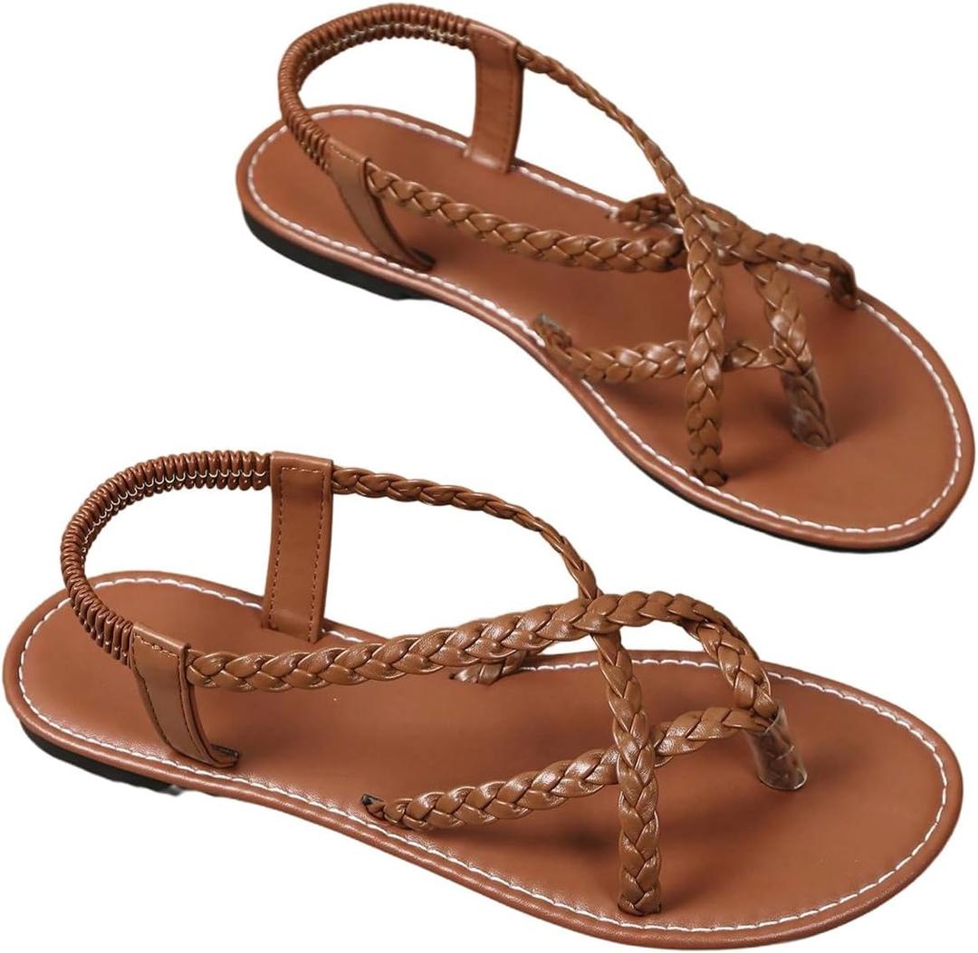 Verdusa Women's Flat Sandals Strappy Dressy Ankle Strap Casual Summer Thong Sandals for Beach Brown 7.5