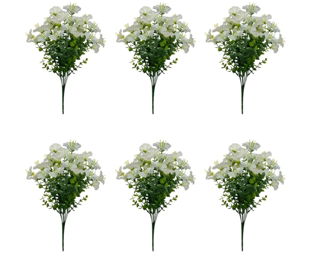 6 Pack, Artificial Morning Glory Simulated Eucalyptus Leaves Faux Morning Glory Decors Fake Morning Glory Branches with Eucalyptus Leaves for Flower Arrangement Vase Decoration (White)