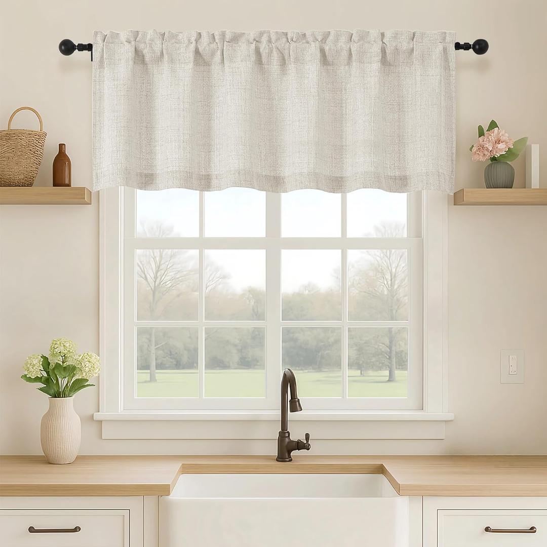 OVZME Natural Valance for Windows, Light Filtering Faux Linen Textured Small Kitchen Valances for Windows, Dual Rod Pocket Farmhouse Short Curtain for Bathroom Basement, 60Wx18L inch, 1 Piece
