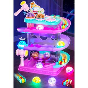 2-in-1 Rolling Ball & Car Ramp Race Track for Toddlers, Hammer Ball Drop Toy for Boys & Girls, Interactive Toys w/Sensor Lights - Montessori STEM Learning Toys - Brithday Gift for Kids 1-5+ Year Old (Pink + Purple + Cyan + Peach)