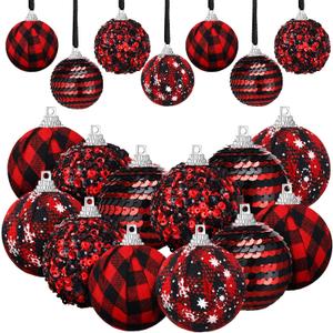 Ferraycle 16 Pcs Christmas Ornaments for Tree 2 Inch Black Red Buffalo Plaid Ball Hanging Decorations Sequin Fabric Wrapped Ball for Xmas Tree Party Decoration