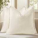 decorUhome Summer Corduroy Cream White Euro Sham Throw Pillow Covers 24x24 Set of 2 Decorative Soft Boho Farmhouse Couch Pillow Covers for Living Room Bed Sofa Broadside Striped Pillow Cases