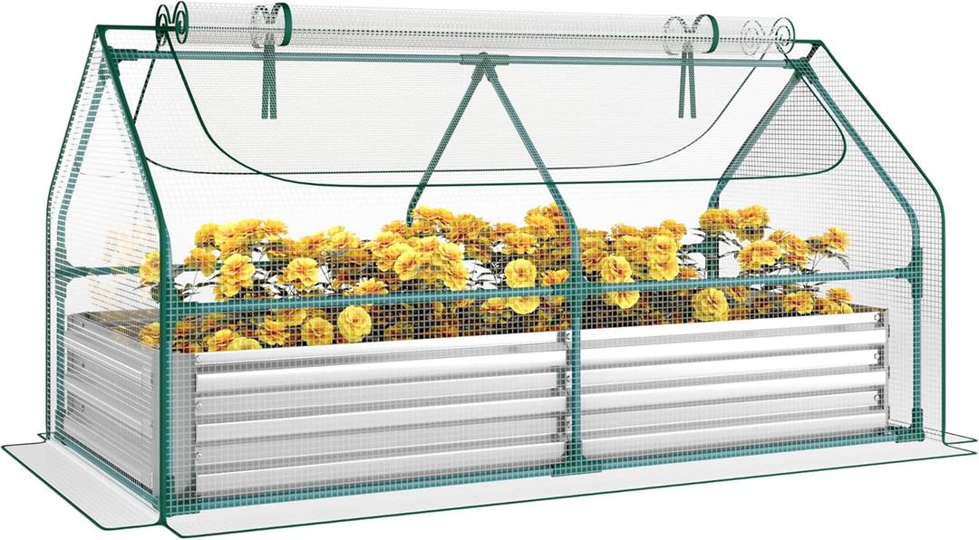 Miory Raised Garden Bed with PE Cover, 6x3x1 FT Galvanized Planter Box Outdoor with Greenhouse Cover, 2 Large Zippered Screen Windows for Vegetables, Flowers, Includes Labels & Gloves