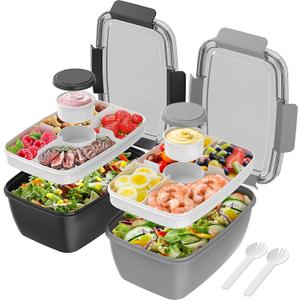 Cherrysea 2Pack Salad Lunch Container, 68oz Salad Bowls with 4 Compartments Tray,Leak Proof Lunch Box with Fork for Men,Women BPA-Free Snack Container with Sauce Container for Dressings - Black&Grey