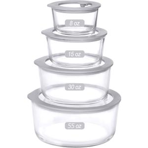 Glass Food Containers with Glass Lid, Microwave Safe Food Storage Container, Large 4 Pack Round Shape, Food Containers with Lids, Meal Prep containers with Leak Proof Lid.