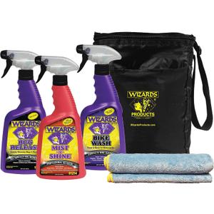 Wizards Motorcycle Cleaning Kit - Bike Wash Foam and Rinse, Quick Detailer Spray, and Bug Remover with Fiber Cloth and Detailing Bag - Portable Motorcycle Wash Kit with Accessories