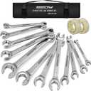 14-Piece Flare Nut Wrench Set with PTFE Tape, Metric & SAE Brake Line Wrench Offset 1/4"-7/8"& 9-21mm Set Double Open End with Organizer Pouch for Repairing and Removing Nuts