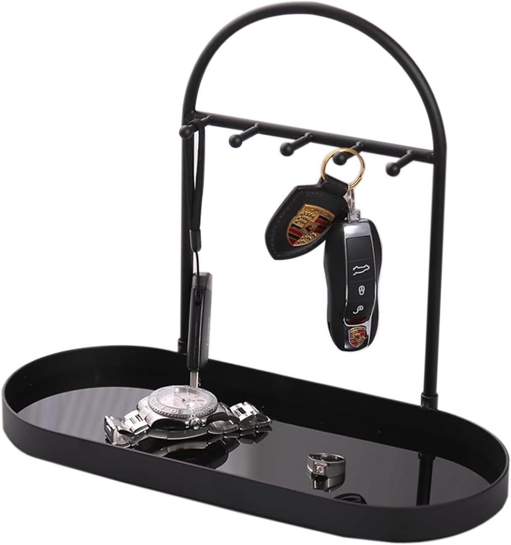 Shinpuru Metal Jewelry Organizer Stand & Key Holder Tray with Acrylic Base, Key Stand and Jewelry Tray with 5 Hooks, Perfect Bowl, Valet, Key Tray, Ring Holder, Jewelry Dish(Matt Black)