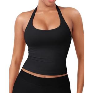 YEOREO SoftHue Women's Impact Halter Tank Top Longline Backless Scoop Neck Built-in Bra Sports Workout Gym Crop Top M