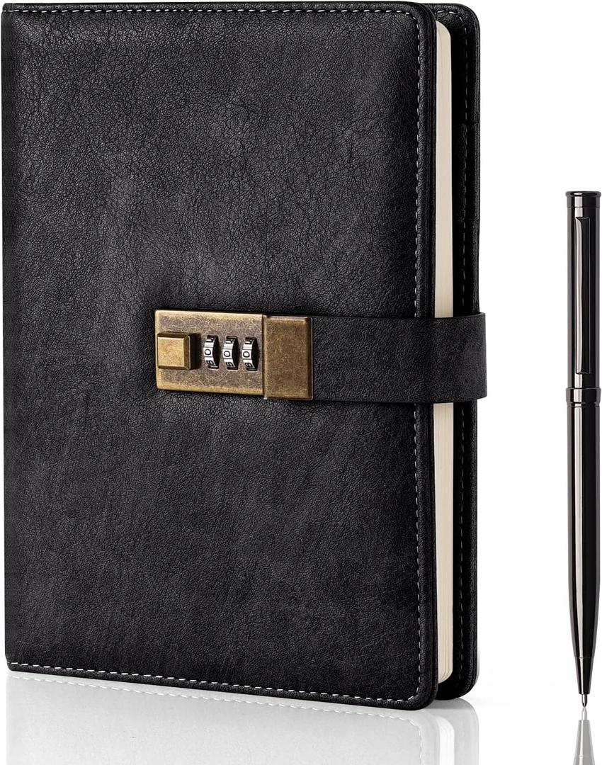 WEMATE Diary with Lock, A5 PU Leather Journal with Lock 240 Pages, Vintage Lock Journal Password Protected Notebook with Pen & Gift Box, Lock Diary Planner Organizer for Men and Women, 8.6x5.8in (Black)