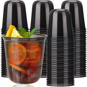 50pcs 12oz Disposable Stemless Glasses,PET Disposable Drinking Cups,Cold Party Clear PlasticWine Glasses for Parties Birthday,Wedding,Meeting,Christmas Party Supplies. (Black)