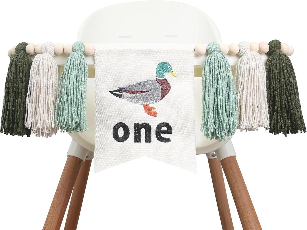 HGFC Duck 1st Birthday Highchair Banner Decorations - First Birthday High Chair Banner - Duck Hunting Theme Party Supplies - Duck Embroidery Tassel Garland - Mallard Duck Wood Bead Tassel Party Banner, Green