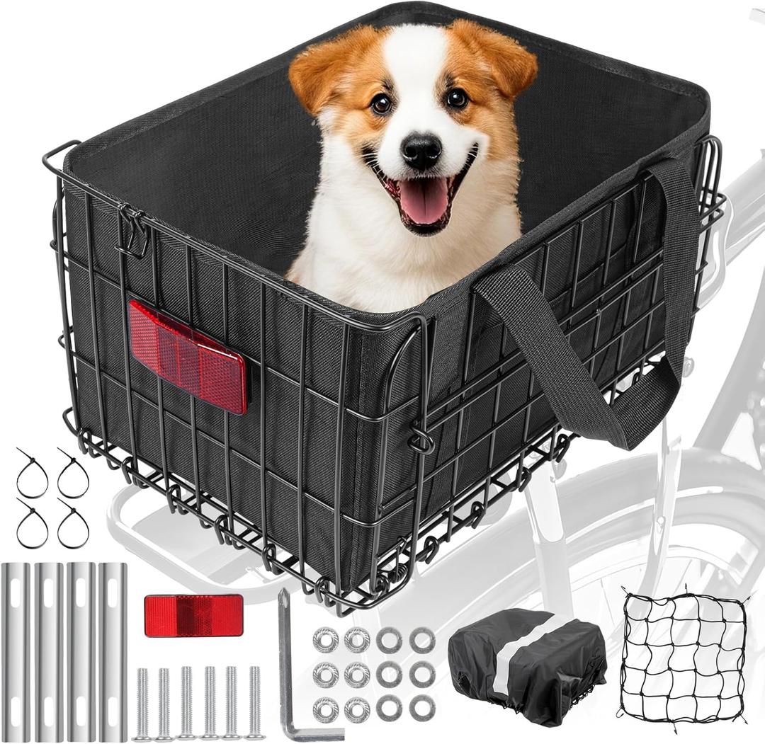 Heavy Duty Large E-Bike Basket Rear - Foldable Waterproof Steel Bicycle Cargo Basket/Removable Oxford Liner, Anti-Rust Coating for Commuting/Grocery Shopping/Pet Carrier, Fits Most Rear Racks