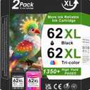 BKBKC Compatible 62XL Ink Cartridge Replacement for HP Envy 5540 5549 5640 5660 7640 OfficeJet Mobile 250 200 OfficeJet 5740 5741 8040, Black, TriColor, 2Pack