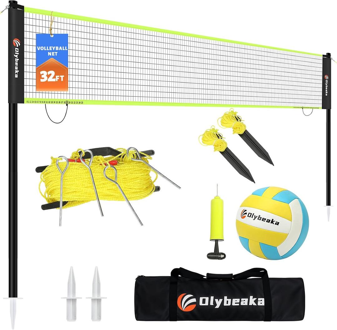 Portable Outdoor Volleyball Net Set for Backyard Beach with Adjustable Poles, Soft PU Volleyball & Pump, Carry Bag and Durable Anti-Sagging Net, 32ft