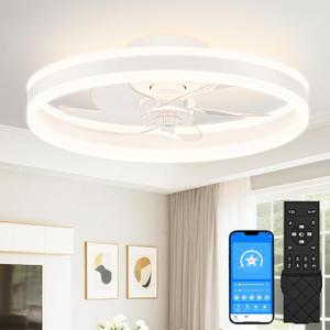 VOLISUN Low Profile Ceiling Fans with Lights and Remote, 20in Flush Mount Ceiling Fans with Light, 3000K-6500K Dimmable Fandelier LED Fan Light, White Bladeless Ceiling Fans with Lights for Bedroom