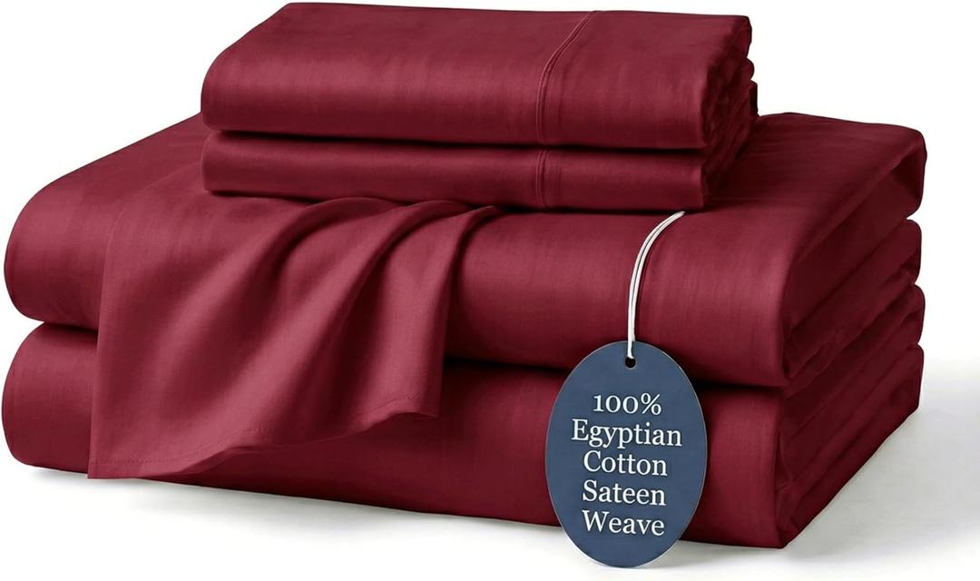 100% Egyptian Cotton Sheets King Burgundy - Luxury Hotel Collection King Size Sheet Set, Cooling & Breathable Sateen Weave, Anti Pilling Extra Long Staple Cotton, 16" Deep Pocket - 4Pc