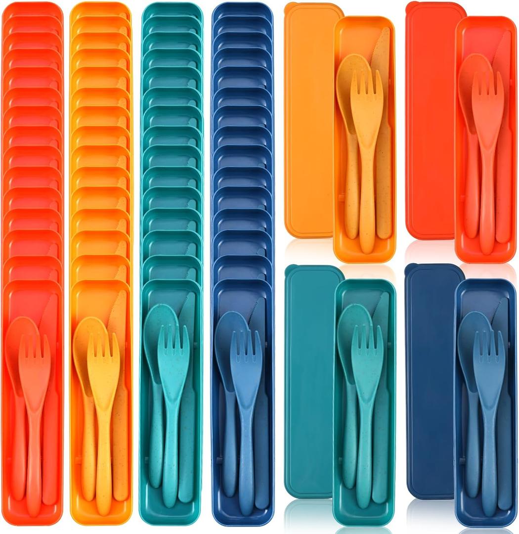 Jinei 50 Sets Reusable Travel Utensils Set with Case Wheat Straw Cutlery Portable Spoon Knife Forks Lunch Box Accessories Friendly Tableware for Kids Adults Camping Utensils(Elegant)