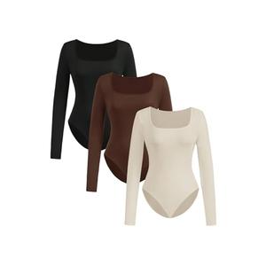 GORGLITTER Women's 3 Piece Sets Long Sleeve Bodysuit Square Neck Tummy Control Leotard Tops Black Brown Apricot Small
