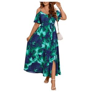 Floerns Women's Plus Size Cold Shoulder Short Sleeve Split Thigh Long Dress Blue and Green 1 XL