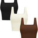 OLCHEE Womens 3 Pack Crop Tank Tops Basic Seamless Ribbed Sleeveless Square Neck Workout Top Summer Exercise Yoga Gym Shirts, XL