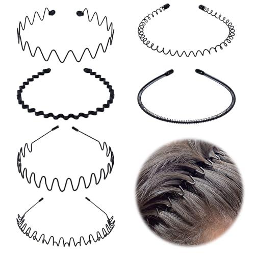 6Pcs Metal Headband for Men with Teeth Comb Non Slip Fashion Hair Accessories Comb Scrub Wavy Headband Spring Sport Hair Hoop Hairband Black