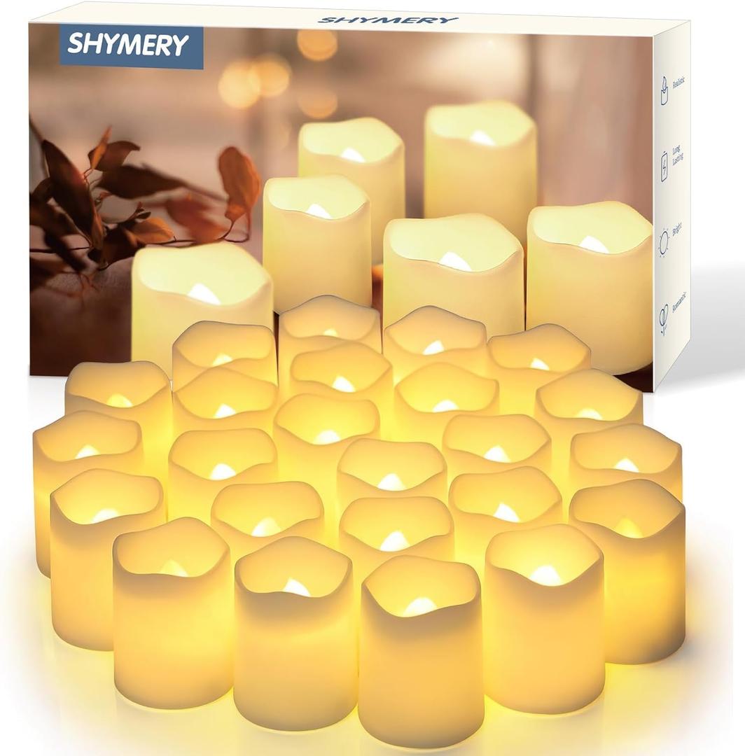 SHYMERY Flameless Votive Candles, Flameless Flickering Electric Fake Candle,24 Pack 200+Hour Battery Operated LED Tea Lights in Warm White for Wedding, Table, Halloween, Christmas Decorations 1.5"X1.7"